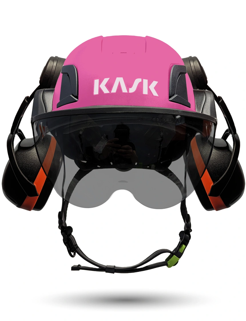 Pink KASK Zenith X2 ANSI Safety Helmet with Half-Face Visor Kit (Smoke) \u0026 Orange Ear Muffs (High Noise Reduction - 29-31 dB)