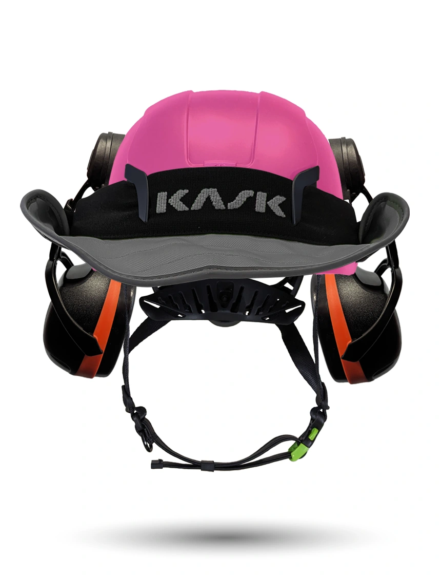 Pink KASK Zenith X2 ANSI Safety Helmet with Orange Ear Muffs (High Noise Reduction - 29-31 dB) \u0026 360-degree Sun Shield (Anthracite Gray)