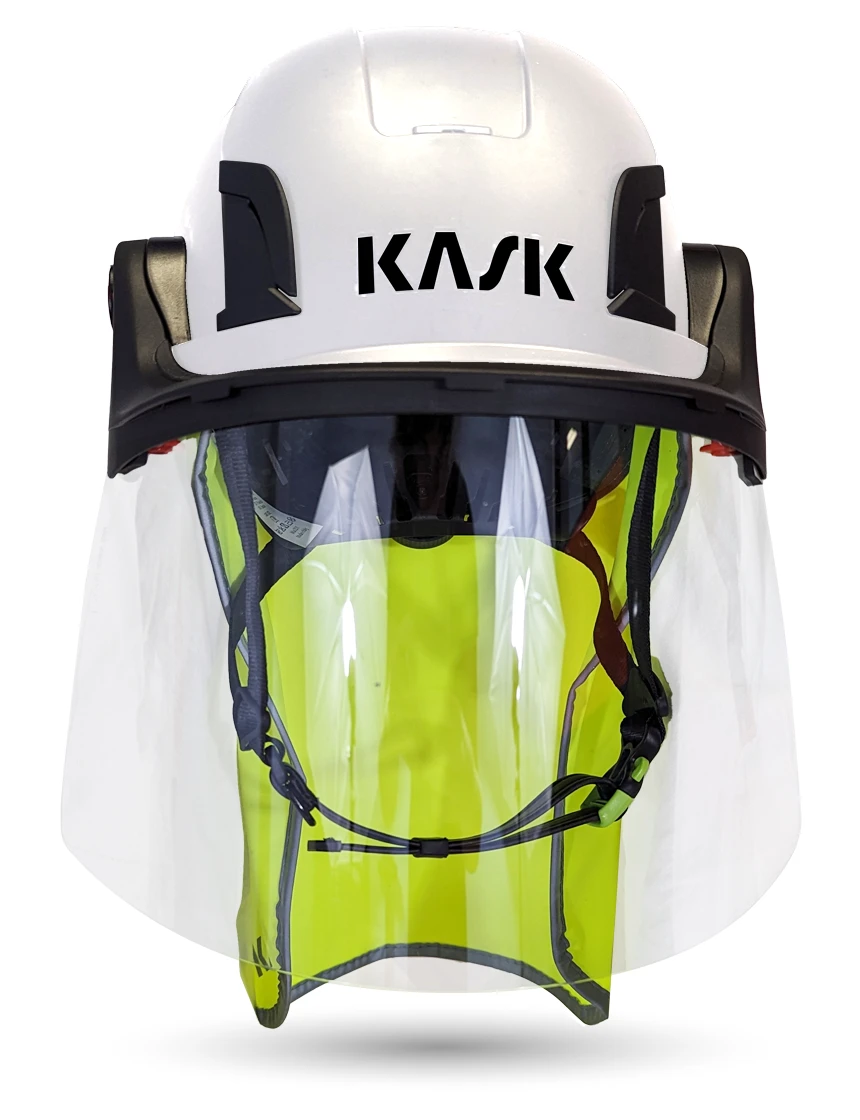 White KASK Zenith X2 ANSI Safety Helmet with Full-Face Shield \u0026 Brim Kit (Clear) \u0026 10\" Neck Protector (Yellow Fluorescent)