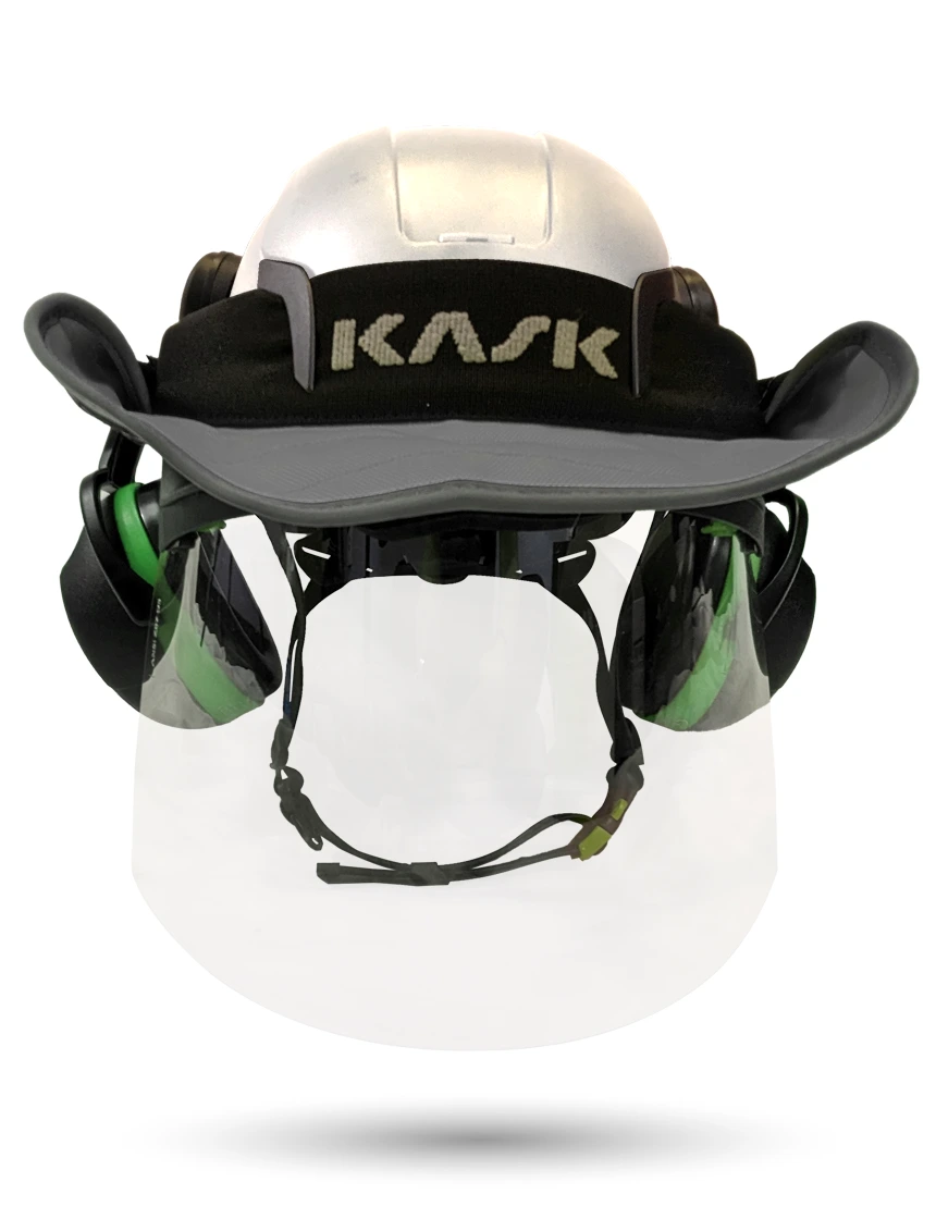 White KASK Zenith X2 ANSI Safety Helmet with Full-Face Shield \u0026 Brim Kit (Clear) \u0026 Green Ear Muffs (Low Noise Reduction - 23-25 dB) \u0026 360-degree Sun Shield (Anthracite Gray)