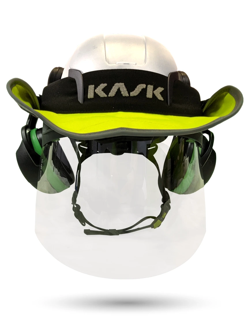 White KASK Zenith X2 ANSI Safety Helmet with Full-Face Shield \u0026 Brim Kit (Clear) \u0026 Green Ear Muffs (Low to Medium Noise Reduction - 23-25 dB) \u0026 360-degree Sun Shield (Yellow Fluorescent)