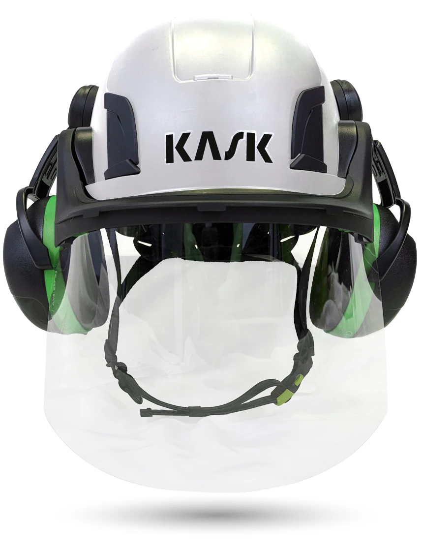 White KASK Zenith X2 ANSI Safety Helmet with Full-Face Shield \u0026 Brim Kit (Clear) \u0026 Green Ear Muffs (Low to Medium Noise Reduction - 23-25 dB)