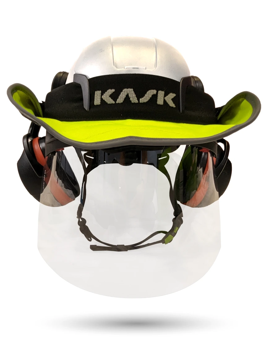 White KASK Zenith X2 ANSI Safety Helmet with Full-Face Shield \u0026 Brim Kit (Clear) \u0026 Orange Ear Muffs (High Noise Reduction - 29-31 dB) \u0026 360-degree Sun Shield (Yellow Fluorescent)