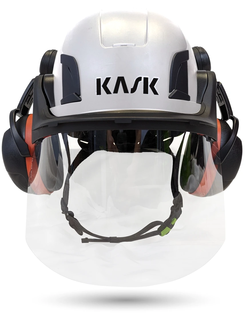 White KASK Zenith X2 ANSI Safety Helmet with Full-Face Shield \u0026 Brim Kit (Clear) \u0026 Orange Ear Muffs (High Noise Reduction - 29-31 dB)