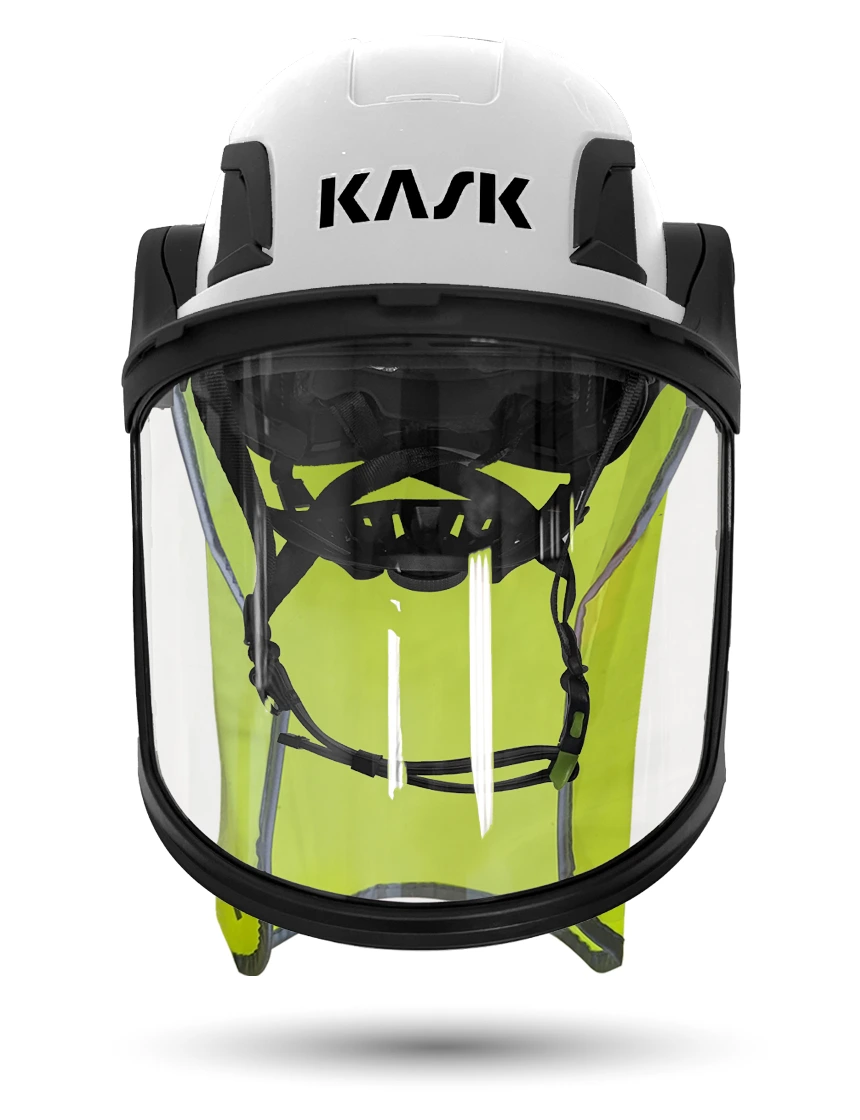 White KASK Zenith X2 ANSI Safety Helmet with Full-Face Visor Kit (Clear) \u0026 10\" Neck Protector (Yellow Fluorescent)