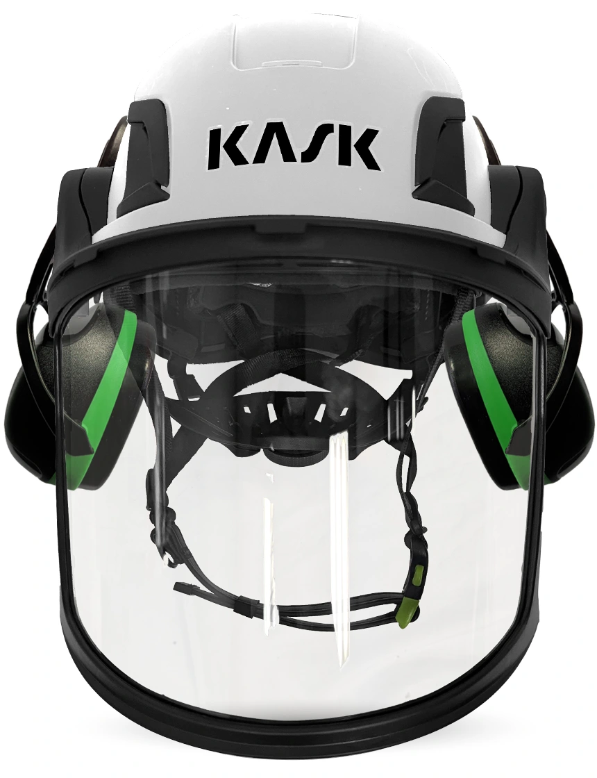 White KASK Zenith X2 ANSI Safety Helmet with Full-Face Visor Kit (Clear) \u0026 Green Ear Muffs (Low to Medium Noise Reduction - 23-25 dB)