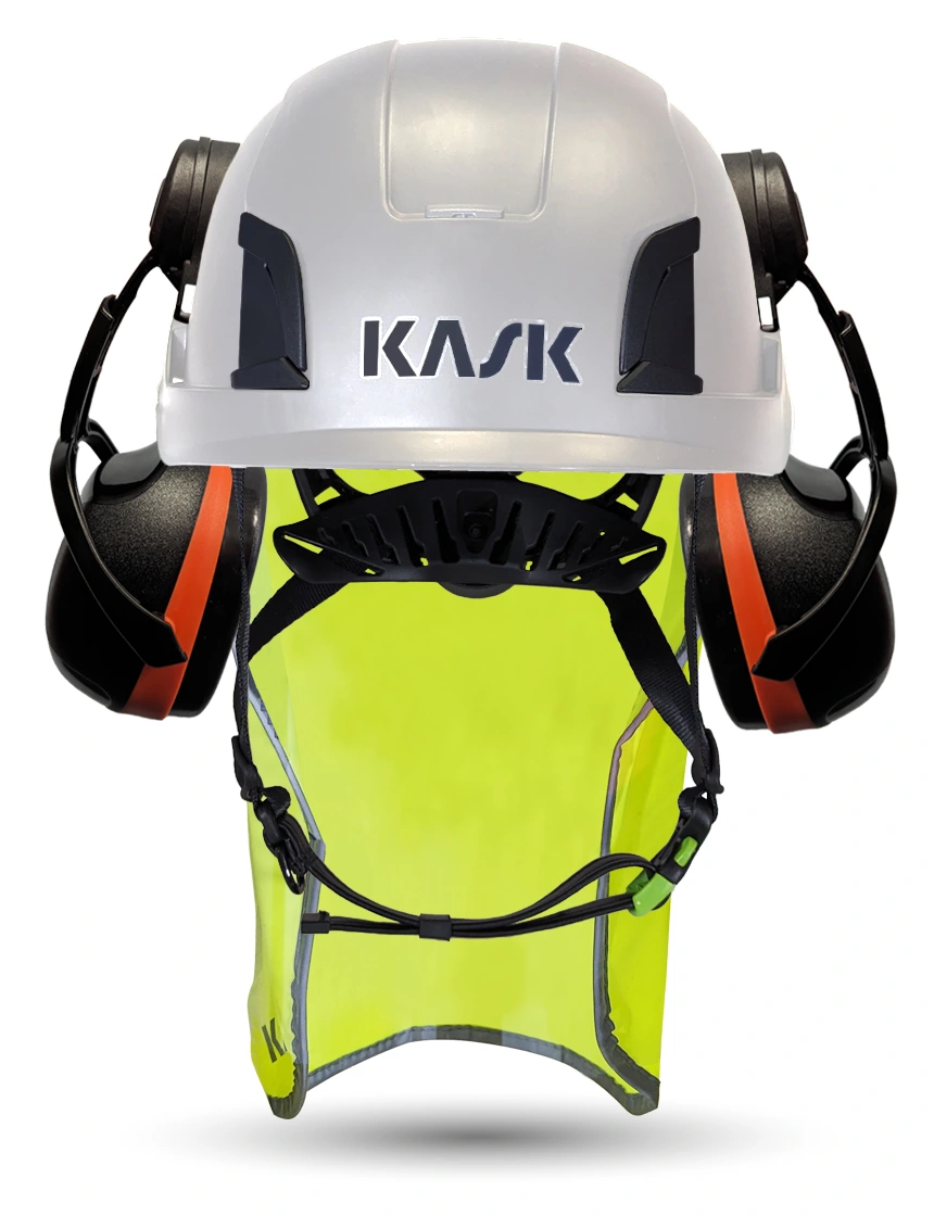 White KASK Zenith X2 ANSI Safety Helmet with Orange Ear Muffs (High Noise Reduction - 29-31 dB) \u0026 10\" Neck Protector (Yellow Fluorescent)