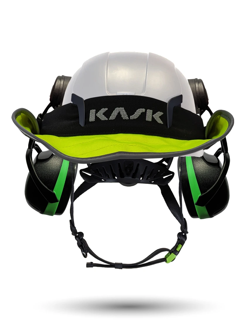 White KASK Zenith X2 ANSI Safety Helmet with Green Ear Muffs (Low to Medium Noise Reduction - 23-25 dB) \u0026 360-degree Sun Shield (Yellow Fluorescent)