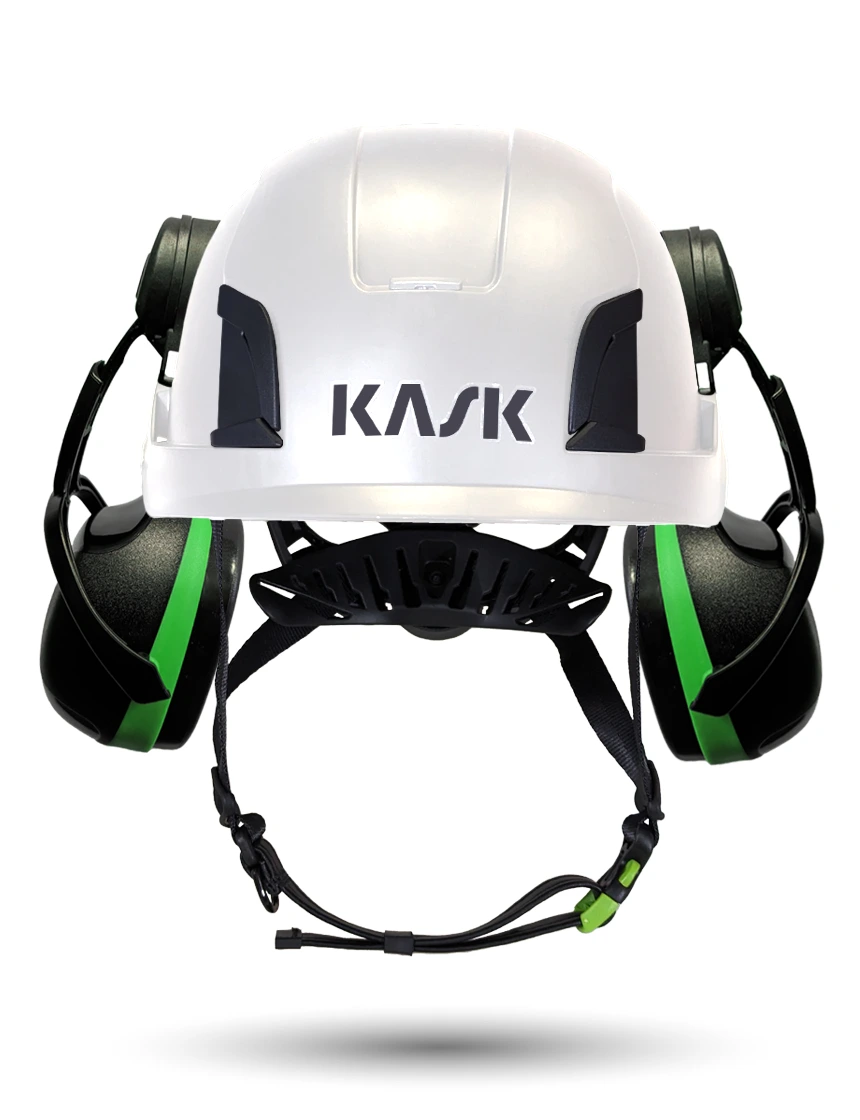 White KASK Zenith X2 ANSI Safety Helmet with Green Ear Muffs (Low to Medium Noise Reduction - 23-25 dB)