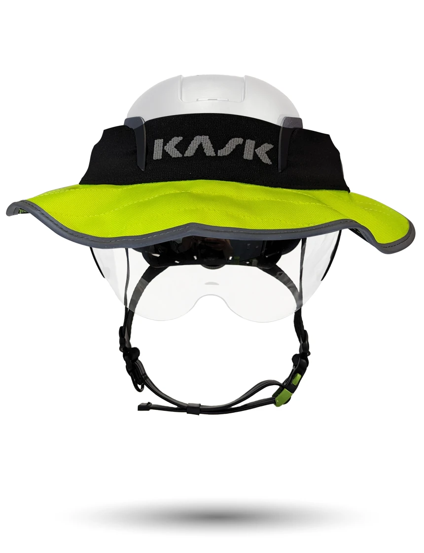 White KASK Zenith X2 ANSI Safety Helmet with Half-Face Visor Kit (Clear) \u0026 360-degree Sun Shield (Yellow Fluorescent)