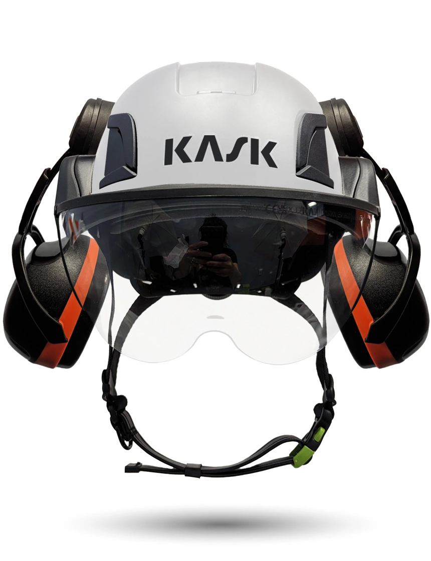 White KASK Zenith X2 ANSI Safety Helmet with Half-Face Visor Kit (Clear) \u0026 Orange Ear Muffs (High Noise Reduction - 29-31 dB)