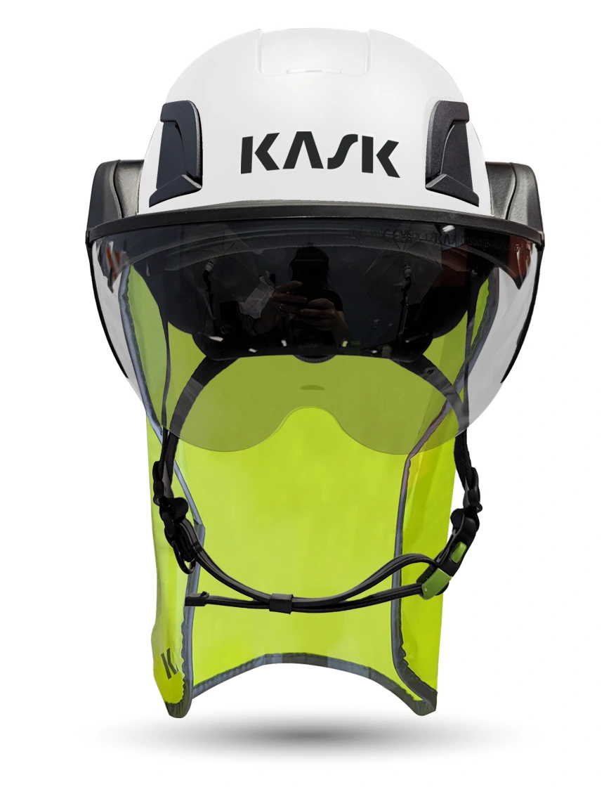 White KASK Zenith X2 ANSI Safety Helmet with Half-Face Visor Kit (Silver Mirror) \u0026 10\" Neck Protector (Yellow Fluorescent)