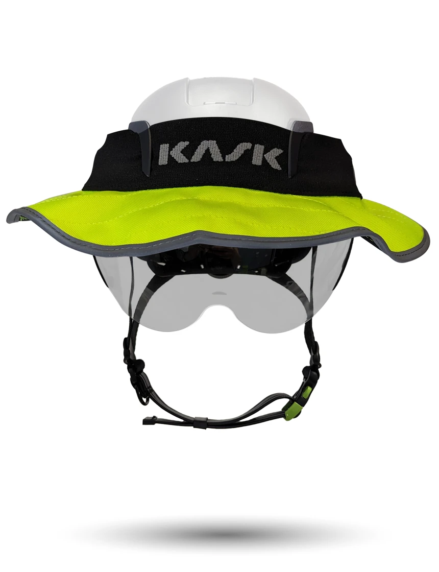 White KASK Zenith X2 ANSI Safety Helmet with Half-Face Visor Kit (Silver Mirror) \u0026 360-degree Sun Shield (Yellow Fluorescent)