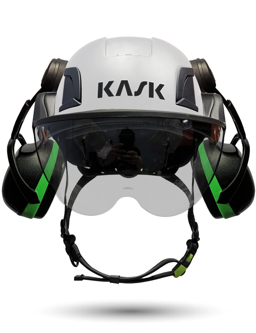 White KASK Zenith X2 ANSI Safety Helmet with Half-Face Visor Kit (Silver Mirror) \u0026 Green Ear Muffs (Low to Medium Noise Reduction - 23-25 dB)