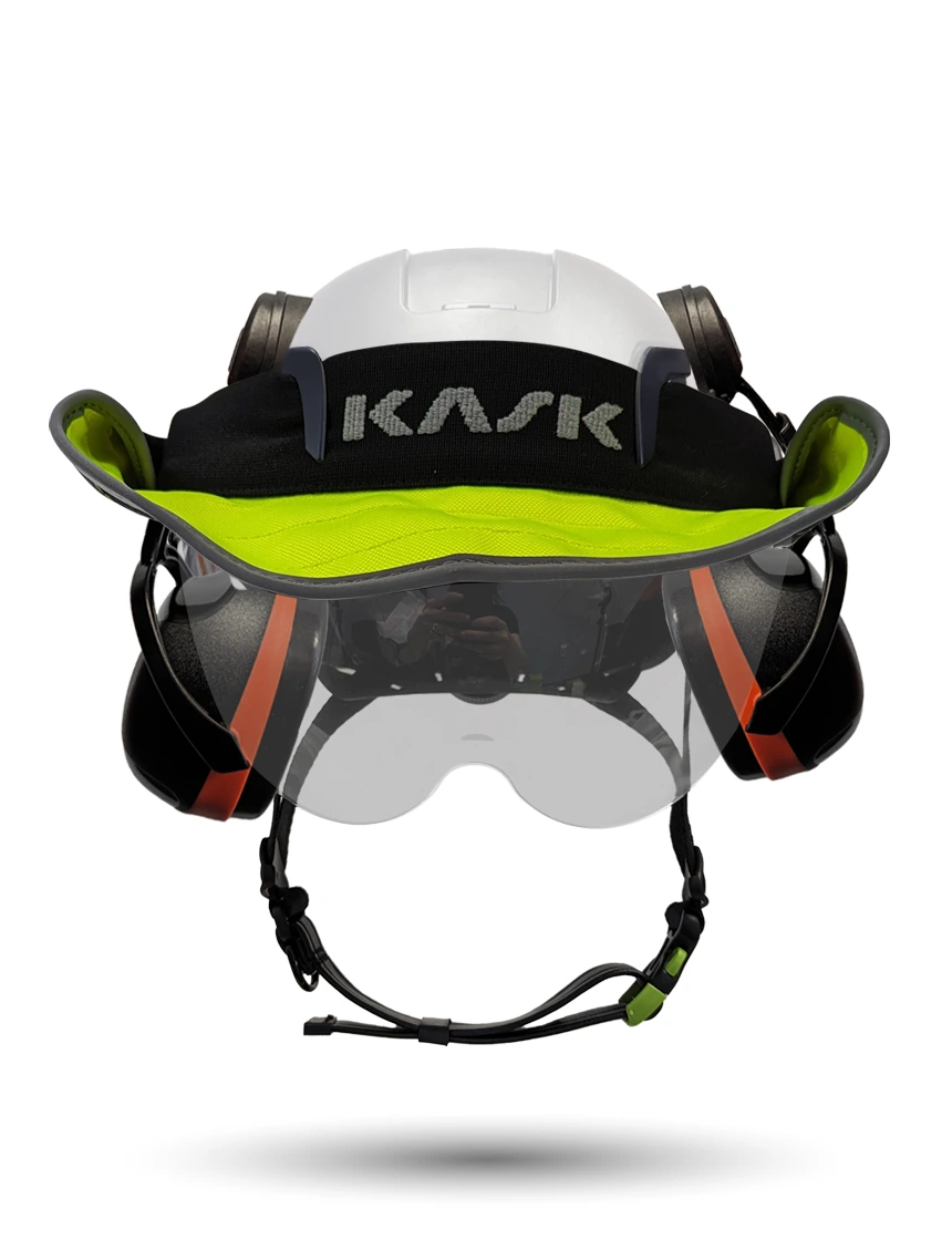 White KASK Zenith X2 ANSI Safety Helmet with Half-Face Visor Kit (Silver Mirror) \u0026 Orange Ear Muffs (High Noise Reduction - 29-31 dB) \u0026 360-degree Sun Shield (Yellow Fluorescent)