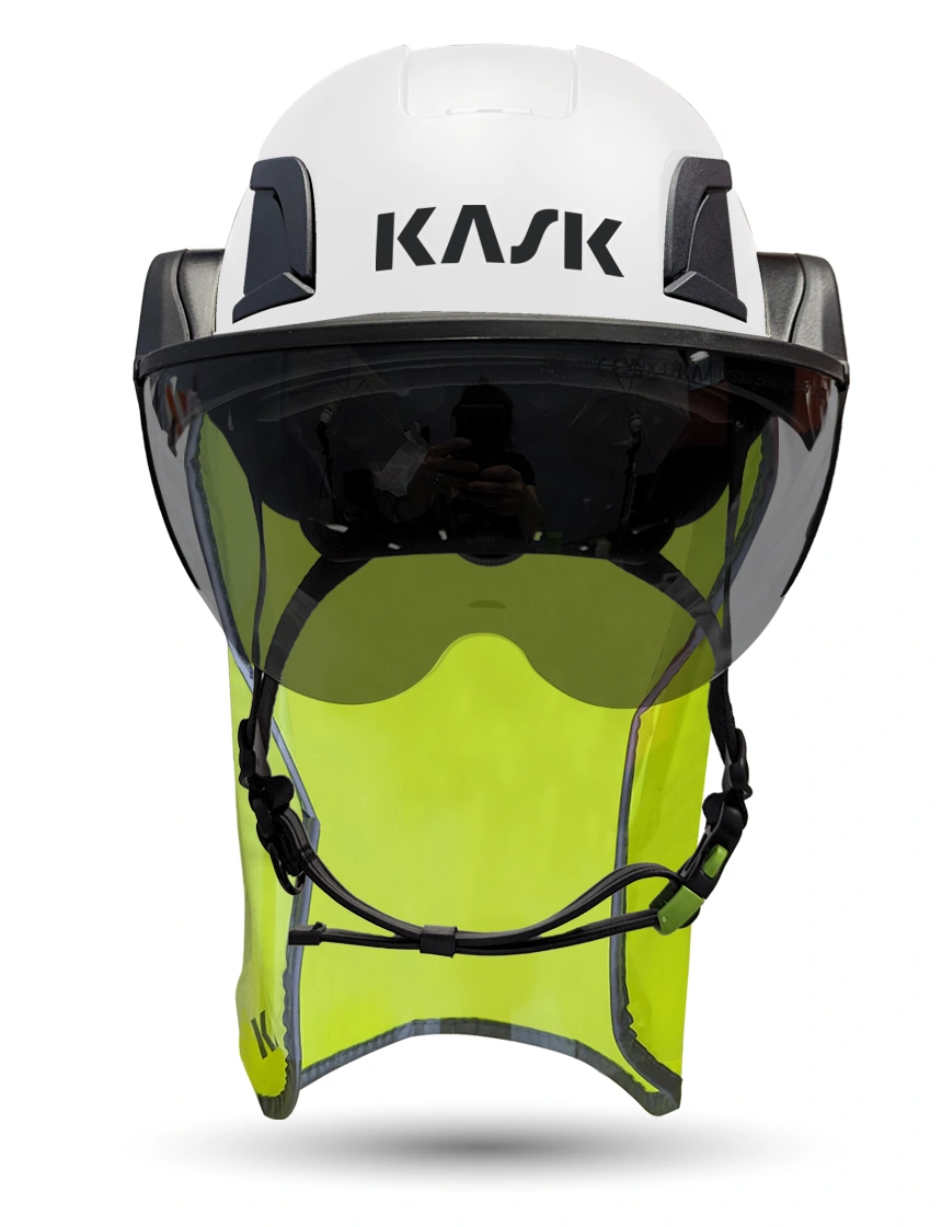 White KASK Zenith X2 ANSI Safety Helmet with Half Face Visor Kit (Smoke) \u0026 10\" Neck Protector (Yellow Fluorescent)