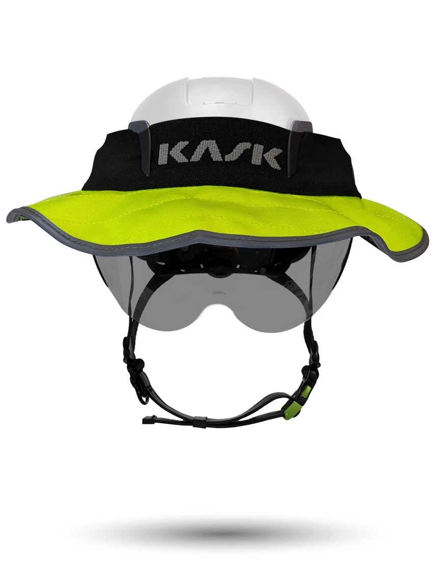 White KASK Zenith X2 ANSI Safety Helmet with Half-Face Visor Kit (Smoke) \u0026 360-degree Sun Shield (Yellow Fluorescent)