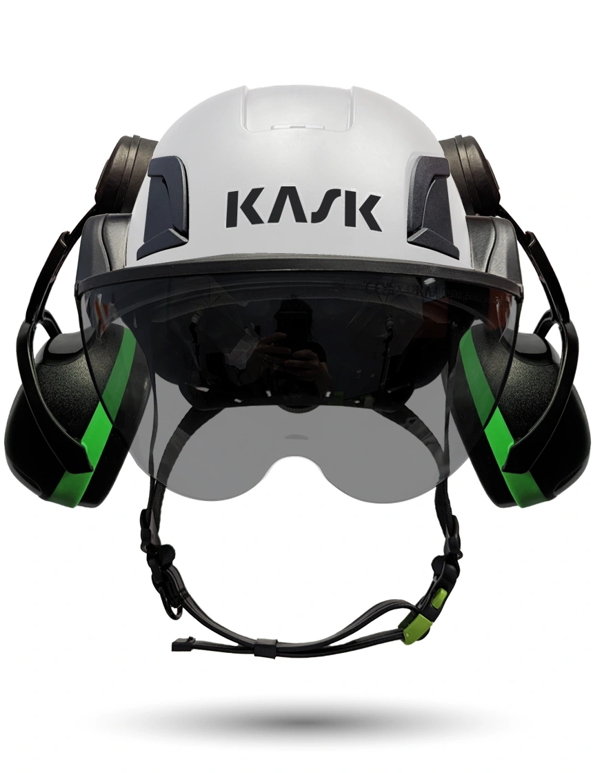 White KASK Zenith X2 ANSI Safety Helmet with Half-Face Visor Kit (Smoke) \u0026 Green Ear Muffs (Low to Medium Noise Reduction - 23-25 dB)