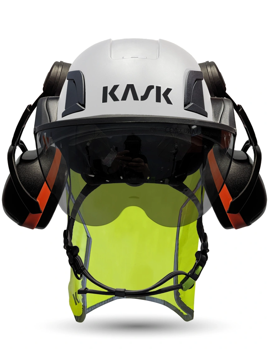 White KASK Zenith X2 ANSI Safety Helmet with Half-Face Visor Kit (Smoke) \u0026 Orange Ear Muffs (High Noise Reduction - 29-31 dB) \u0026 10\" Neck Protector (Yellow Fluorescent)
