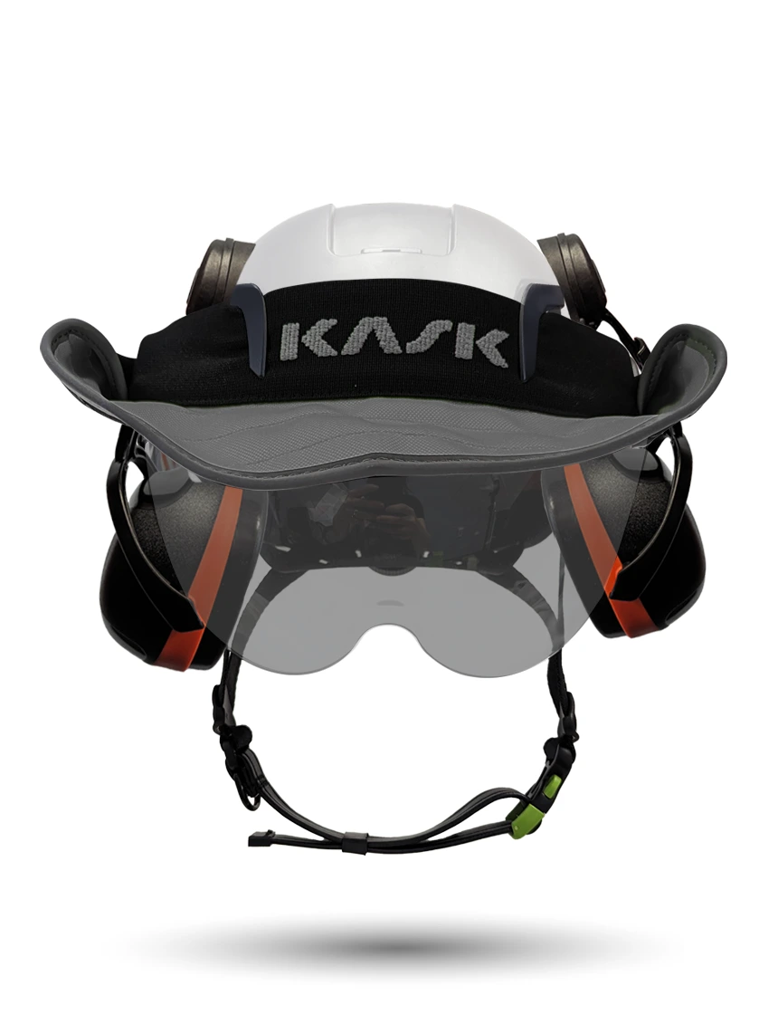 White KASK Zenith X2 ANSI Safety Helmet with Half-Face Visor Kit (Smoke) \u0026 Orange Ear Muffs (High Noise Reduction - 29-31 dB) \u0026 360-degree Sun Shield (Anthracite Gray)