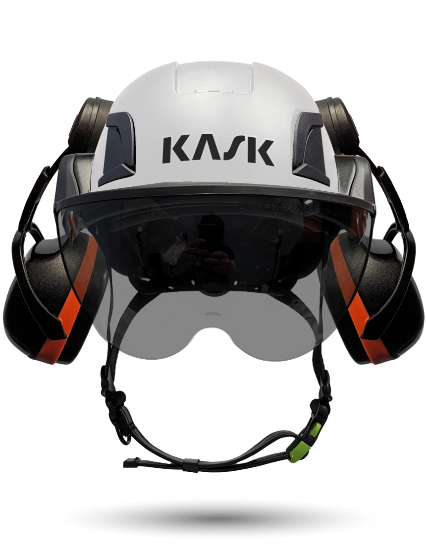 White KASK Zenith X2 ANSI Safety Helmet with Half-Face Visor Kit (Smoke) \u0026 Orange Ear Muffs (High Noise Reduction - 29-31 dB)