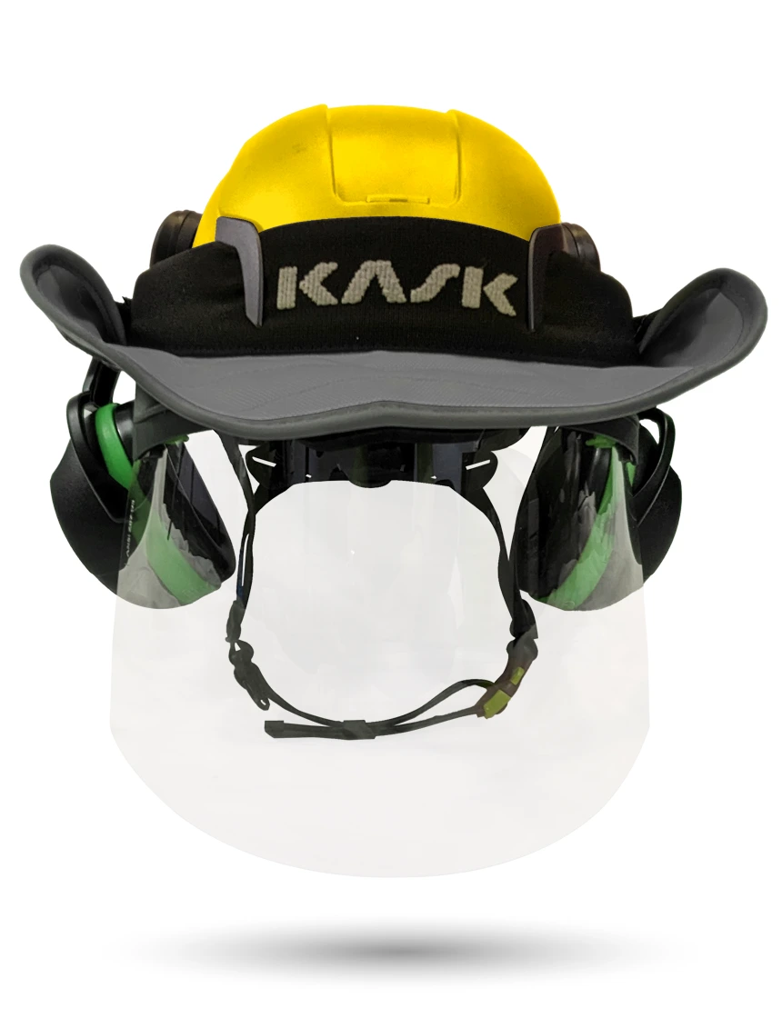 Yellow Kask Zenith X2 ANSI Safety Helmet with Full-Face Shield \u0026 Brim Kit (Clear) \u0026 Orange Ear Muffs (High Noise Reduction - 29-31 dB) \u0026 360-degree Sun Shield (Anthracite Gray)
