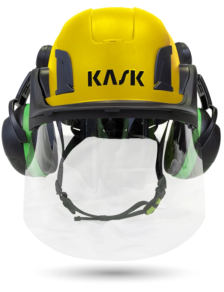 Yellow Kask Zenith X2 ANSI Safety Helmet with Full-Face Shield \u0026 Brim Kit (Clear) \u0026 Green Ear Muffs (Low to Medium Noise Reduction - 23-25 dB)