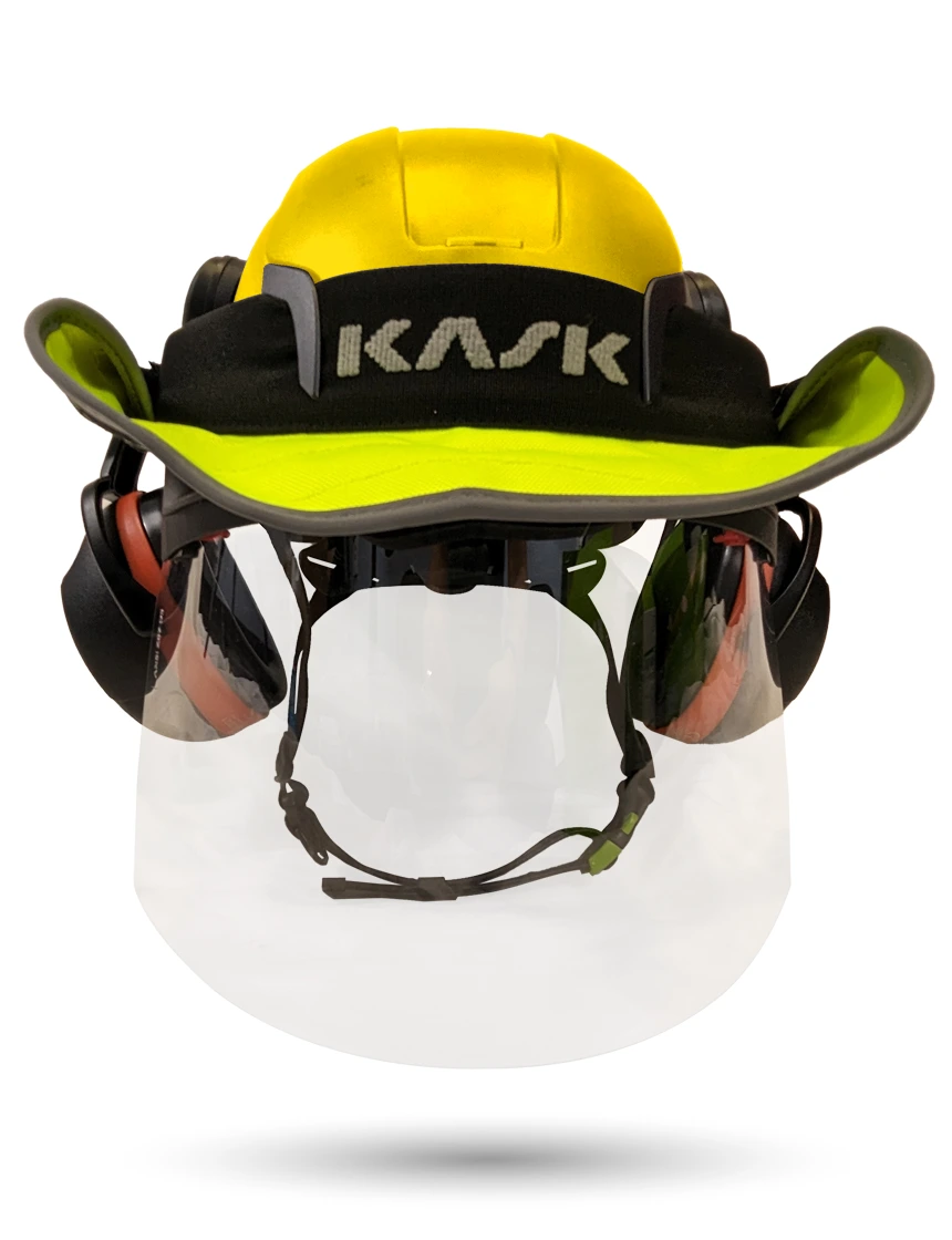 Yellow Kask Zenith X2 ANSI Safety Helmet with Full-Face Shield \u0026 Brim Kit (Clear) \u0026 Orange Ear Muffs (High Noise Reduction - 29-31 dB) \u0026 360-degree Sun Shield (Yellow Fluorescent)