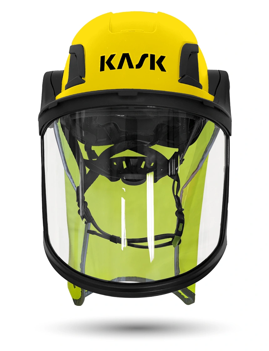 Yellow Kask Zenith X2 ANSI Safety Helmet with Full-Face Visor Kit (Clear) \u0026 10\" Neck Protector (Yellow Fluorescent)