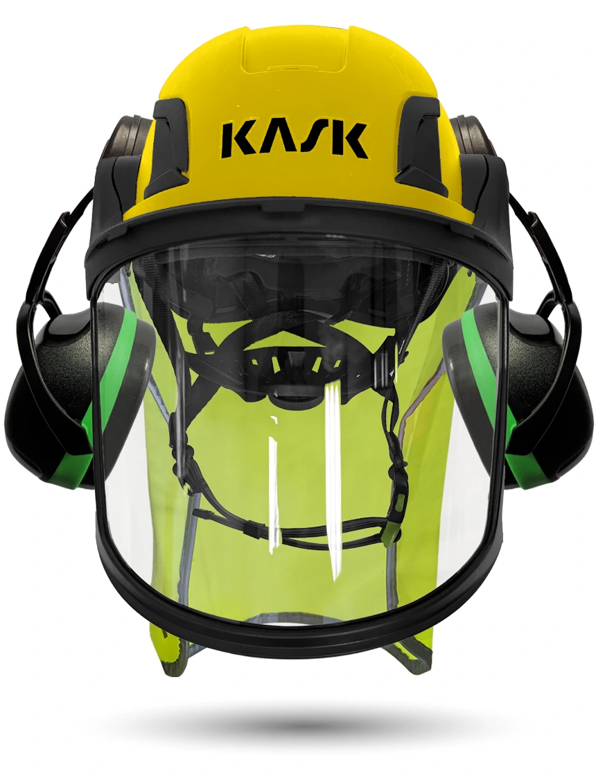 Yellow Kask Zenith X2 ANSI Safety Helmet with Full-Face Visor Kit (Clear) \u0026 Green Ear Muffs (Low to Medium Noise Reduction - 23-25 dB) \u0026 10\" Neck Protector (Yellow Fluorescent)