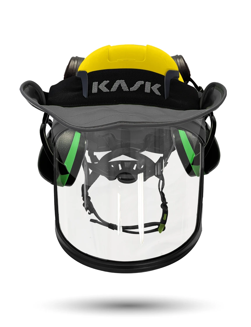 Yellow Kask Zenith X2 ANSI Safety Helmet with Full-Face Visor Kit (Clear) \u0026 Orange Ear Muffs (High Noise Reduction - 29-31 dB) \u0026 360-degree Sun Shield (Anthracite Gray)