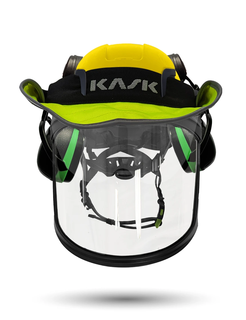 Yellow Kask Zenith X2 ANSI Safety Helmet with Full-Face Visor Kit (Clear) \u0026 Orange Ear Muffs (High Noise Reduction - 29-31 dB) \u0026 360-degree Sun Shield (Yellow Fluorescent)
