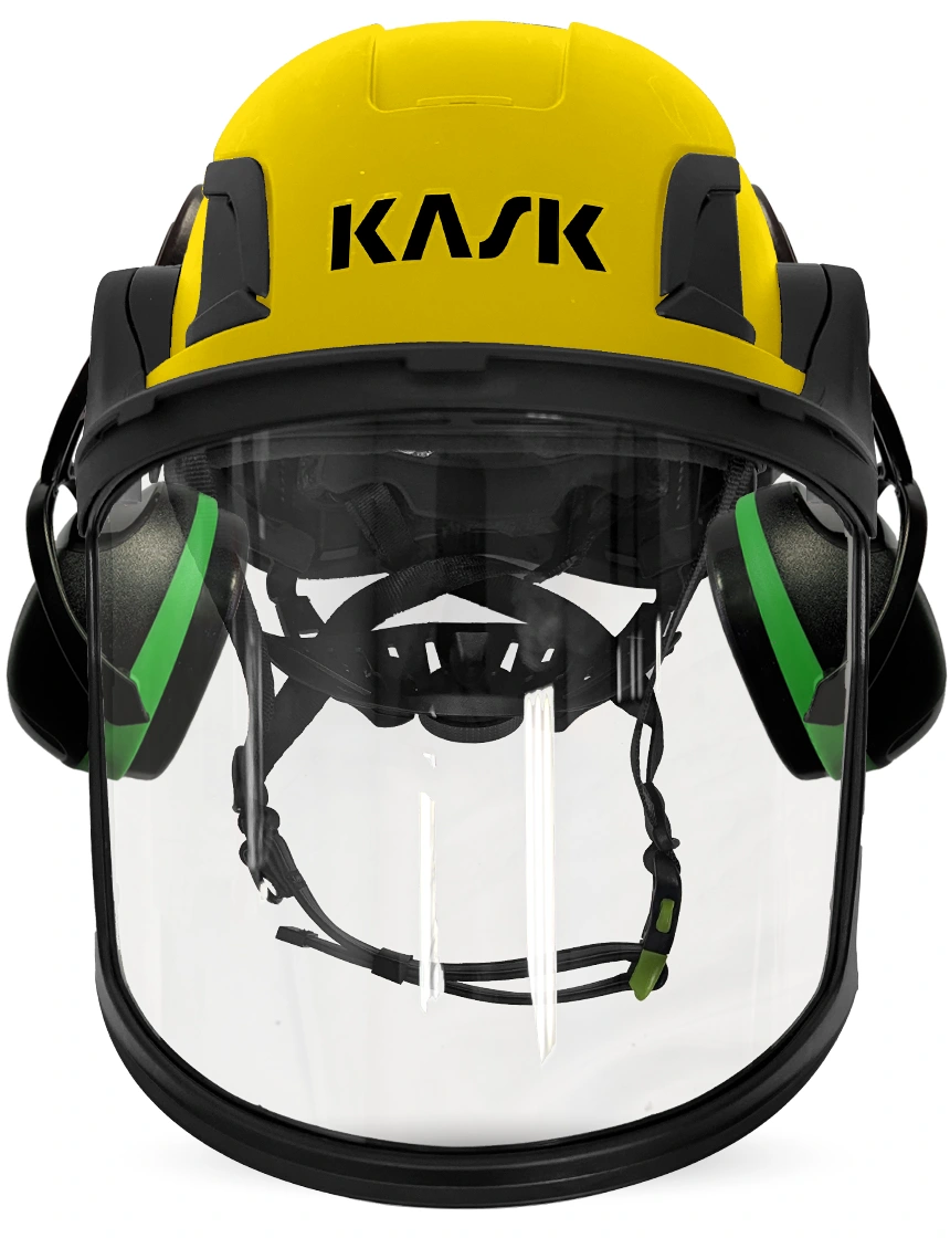 Yellow Kask Zenith X2 ANSI Safety Helmet with Full-Face Visor Kit (Clear) \u0026 Green Ear Muffs (Low to Medium Noise Reduction - 23-25 dB)