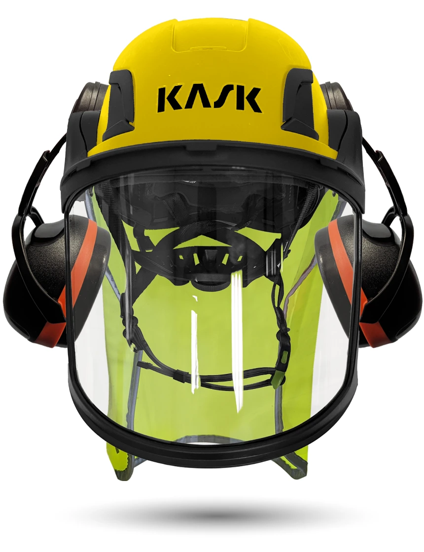 Yellow Kask Zenith X2 ANSI Safety Helmet with Full-Face Visor Kit (Clear) \u0026 Orange Ear Muffs (High Noise Reduction - 29-31 dB) \u0026 10\" Neck Protector (Yellow Fluorescent)