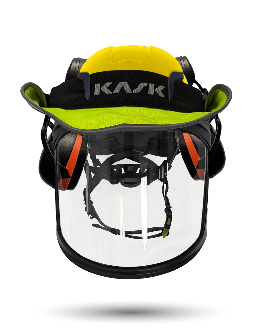 Yellow Kask Zenith X2 ANSI Safety Helmet with Full-Face Visor Kit (Clear) \u0026 Orange Ear Muffs (High Noise Reduction - 29-31 dB) \u0026 360-degree Sun Shield (Yellow Fluorescent)