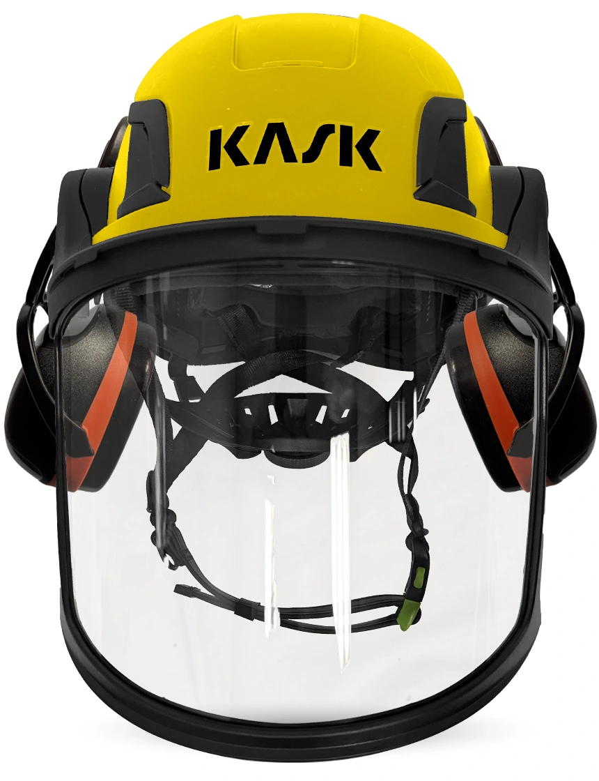 Yellow Kask Zenith X2 ANSI Safety Helmet with Full-Face Visor Kit (Clear) \u0026 Orange Ear Muffs (High Noise Reduction - 29-31 dB)
