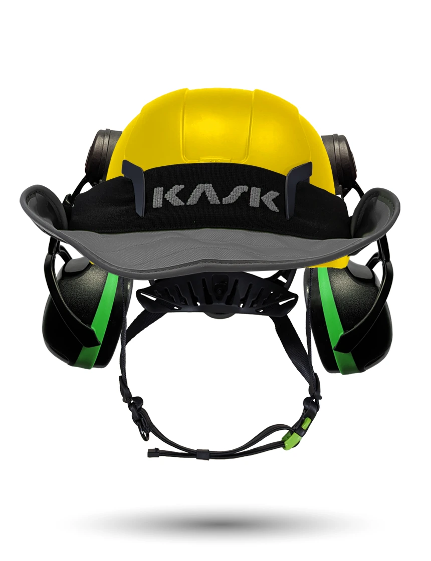 Yellow Kask Zenith X2 ANSI Safety Helmet with Green Ear Muffs (Low to Medium Noise Reduction - 23-25 dB) \u0026 360-degree Sun Shield (Anthracite Gray)