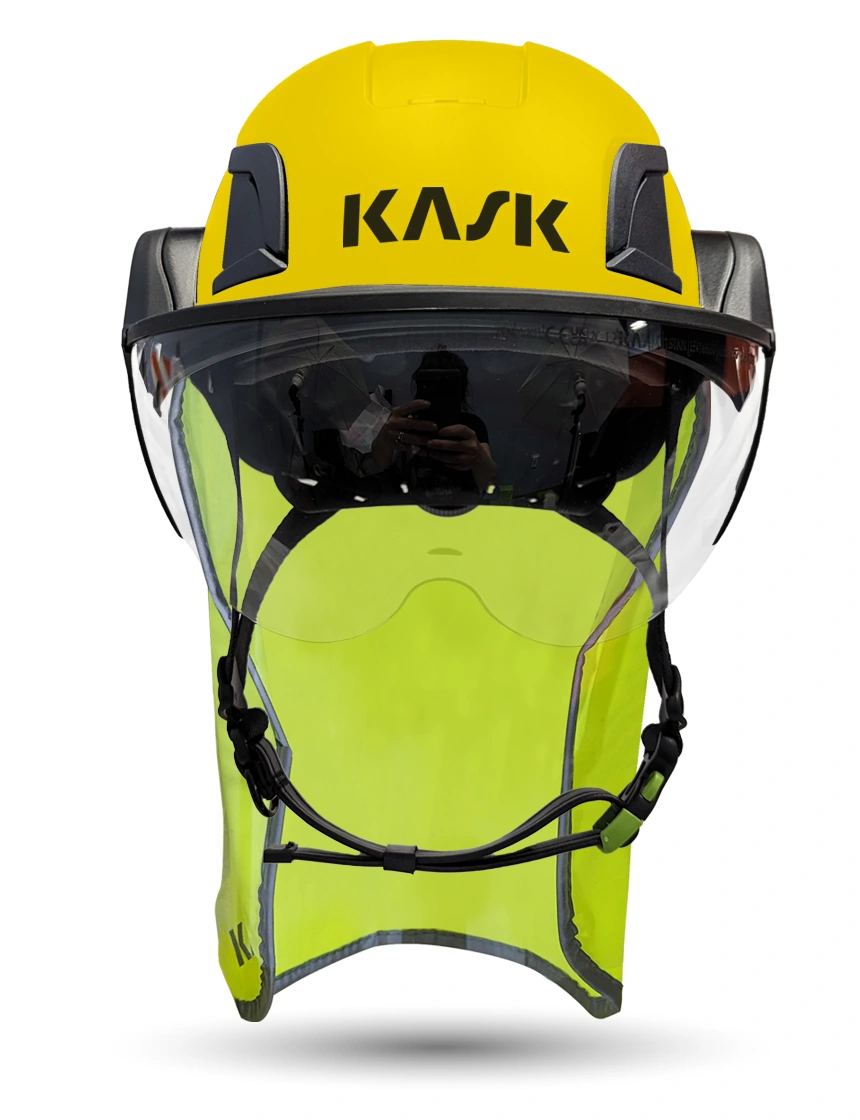 Yellow Kask Zenith X2 ANSI Safety Helmet with Half-Face Visor Kit (Clear) \u0026 10\" Neck Protector (Yellow Fluorescent)