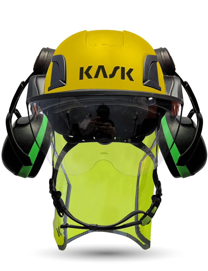 Yellow Kask Zenith X2 ANSI Class E Safety Helmet w/ Half-Face Visor Kit (Clear) \u0026 Green Ear Muffs (Low To Medium Noise Reduction - 23-25 Db) \u0026 10\" Neck Protector (Yellow Fluorescent)