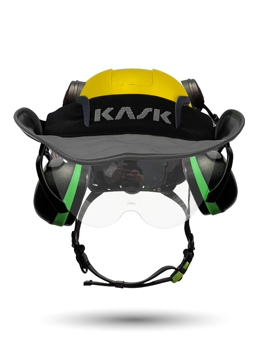 Yellow Kask Zenith X2 ANSI Safety Helmet with Half-Face Visor Kit (Clear) \u0026 Orange Ear Muffs (High Noise Reduction - 29-31 dB) \u0026 360-degree Sun Shield (Anthracite Gray)