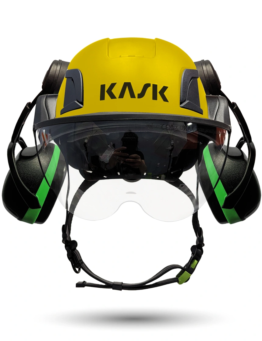 Yellow Kask Zenith X2 ANSI Safety Helmet with Half-Face Visor Kit (Clear) \u0026 Green Ear Muffs (Low to Medium Noise Reduction - 23-25 dB)