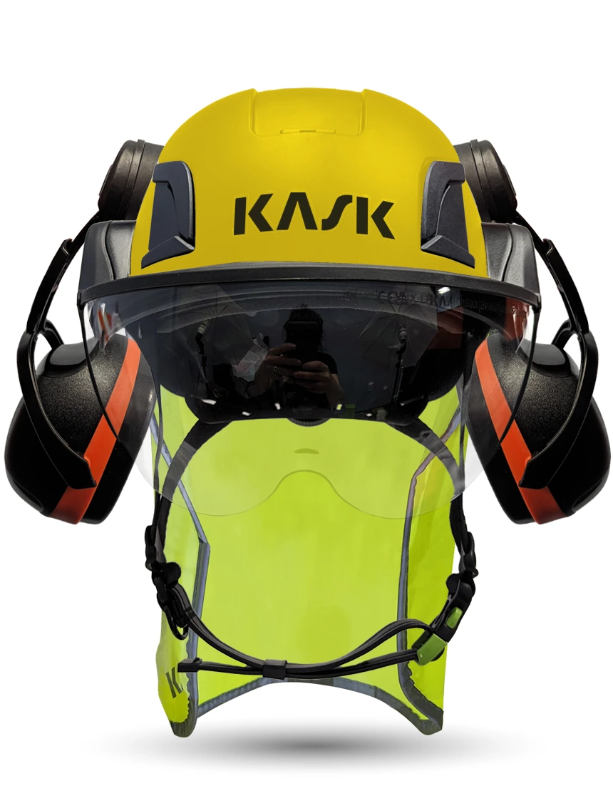 Yellow Kask Zenith X2 ANSI Safety Helmet with Full-Face Visor Kit (Clear) \u0026 Orange Ear Muffs (High Noise Reduction - 29-31 dB) \u0026 10\" Neck Protector (Yellow Fluorescent)