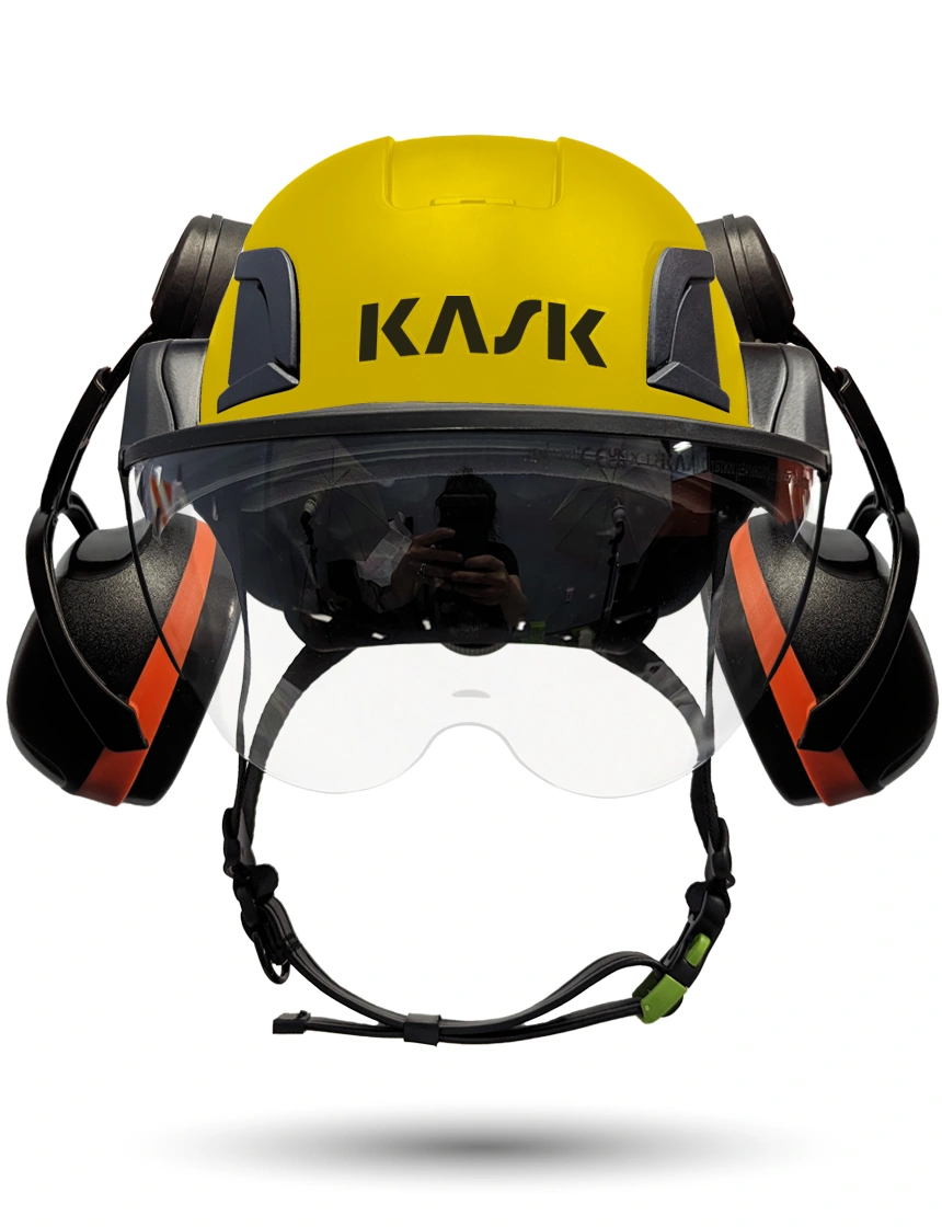 Yellow Kask Zenith X2 ANSI Safety Helmet with Half-Face Visor Kit (Clear) \u0026 Orange Ear Muffs (High Noise Reduction - 29-31 dB)