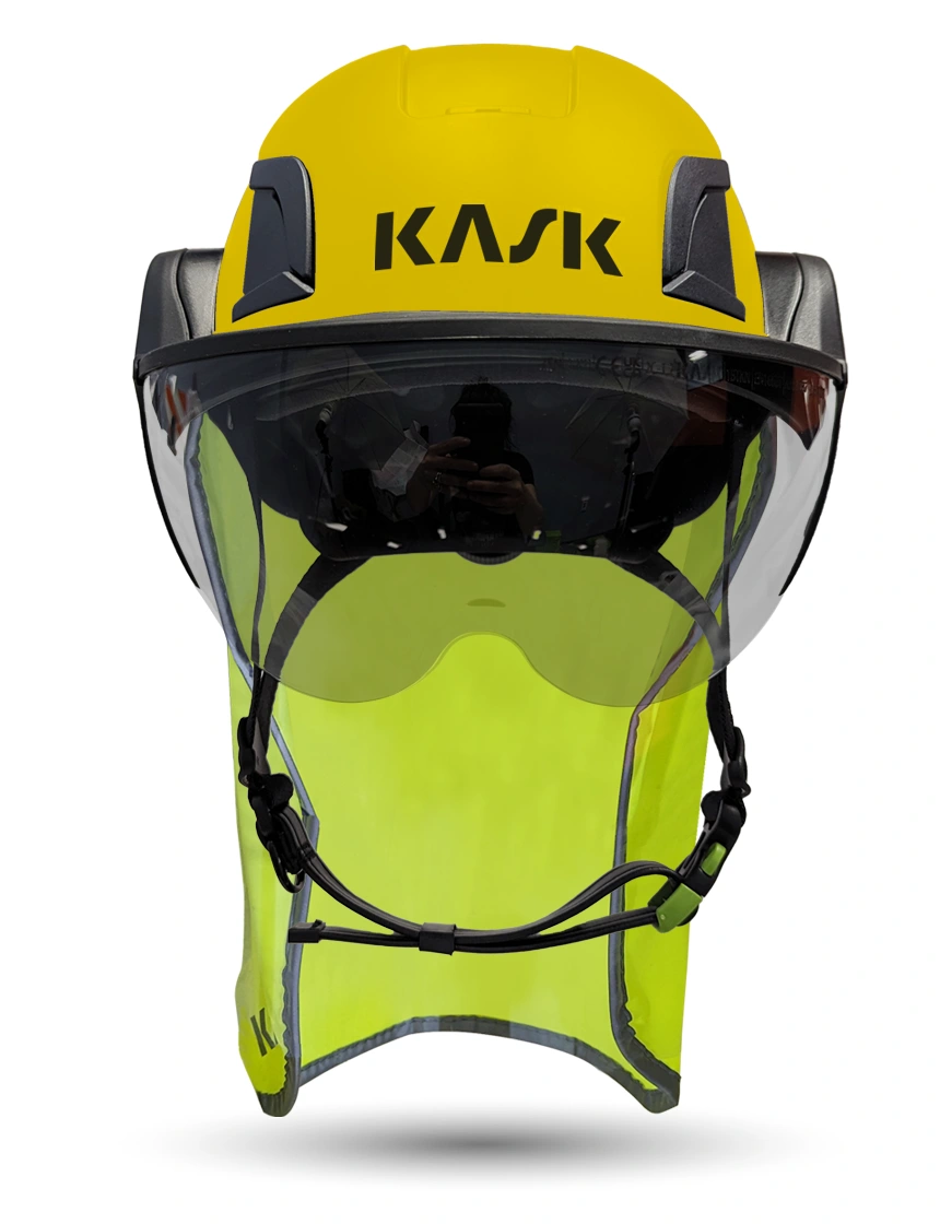 Yellow Kask Zenith X2 ANSI Class E Safety Helmet w/ Half-Face Visor Kit (Silver Mirror) \u0026 10\" Neck Protector (Yellow Fluorescent)