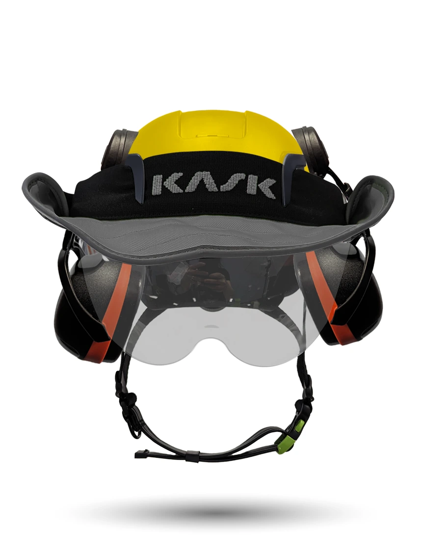 Yellow Kask Zenith X2 ANSI Safety Helmet with Half-Face Visor Kit (Silver Mirror) \u0026 Orange Ear Muffs (High Noise Reduction - 29-31 dB) \u0026 360-degree Sun Shield (Anthracite Gray)
