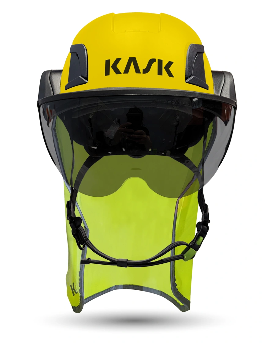 Yellow Kask Zenith X2 ANSI Safety Helmet with Half Face Visor Kit (Smoke) \u0026 10\" Neck Protector (Yellow Fluorescent)