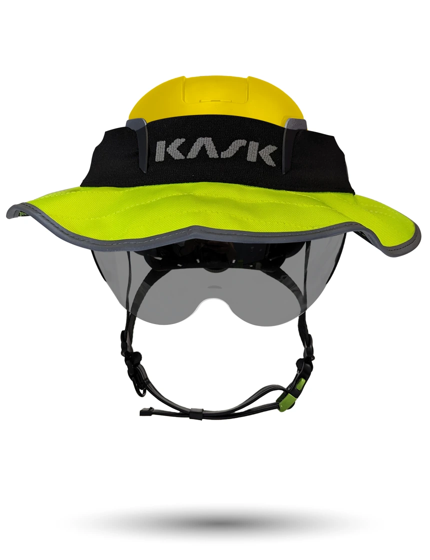 Yellow Kask Zenith X2 ANSI Safety Helmet with Half-Face Visor Kit (Smoke) \u0026 360-degree Sun Shield (Yellow Fluorescent)