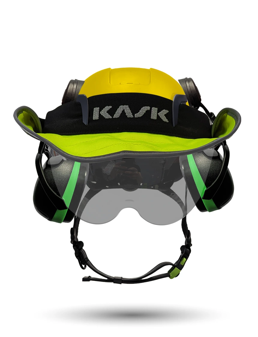 Yellow Kask Zenith X2 ANSI Safety Helmet with Half-Face Visor Kit (Smoke) \u0026 Orange Ear Muffs (High Noise Reduction - 29-31 dB) \u0026 360-degree Sun Shield (Yellow Fluorescent)