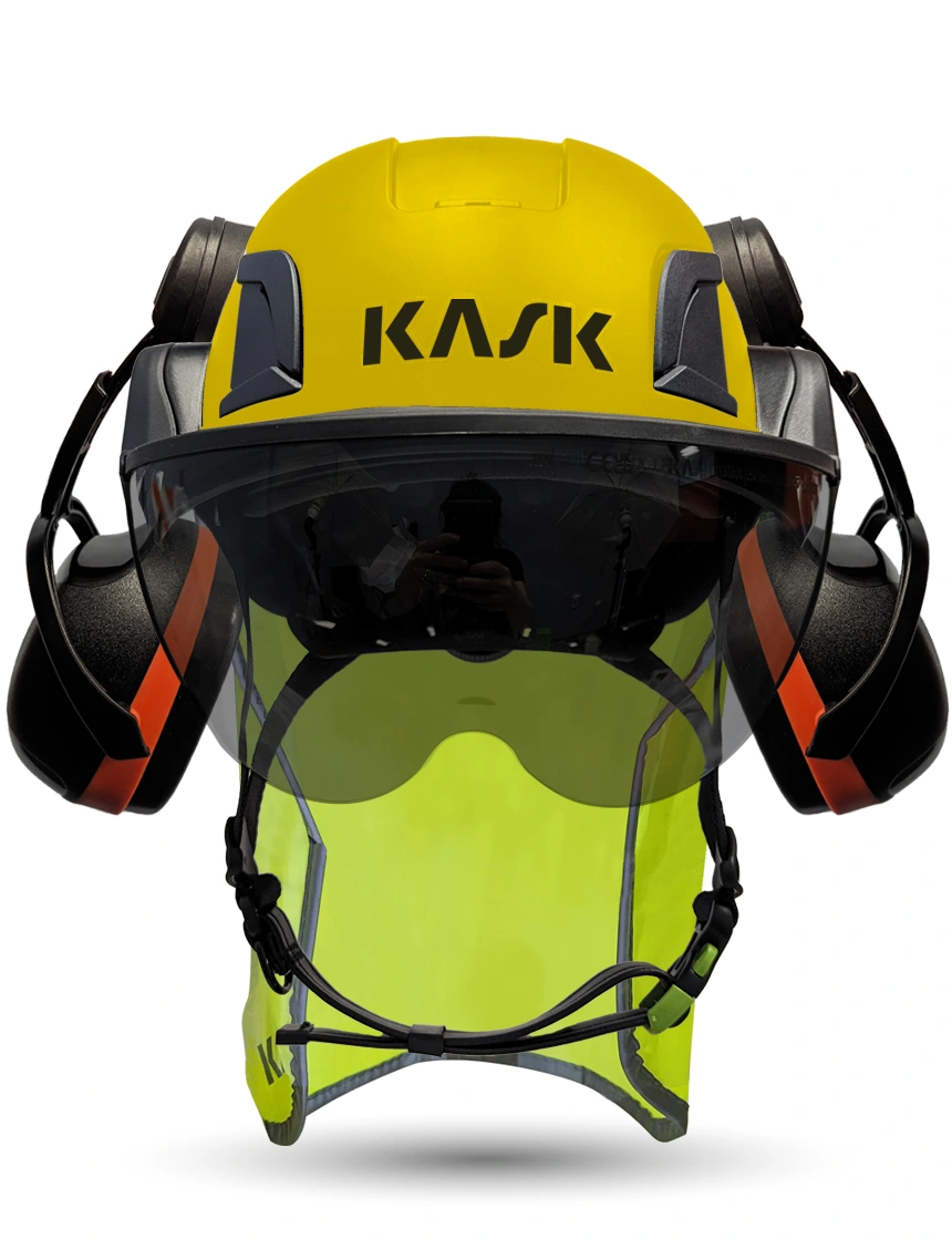 Yellow Kask Zenith X2 ANSI Safety Helmet with Half-Face Visor Kit (Smoke) \u0026 Orange Ear Muffs (High Noise Reduction - 29-31 dB) \u0026 10\" Neck Protector (Yellow Fluorescent)