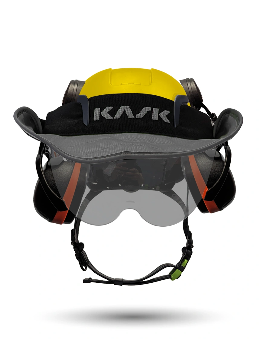 Yellow Kask Zenith X2 ANSI Safety Helmet with Half-Face Visor Kit (Smoke) \u0026 Orange Ear Muffs (High Noise Reduction - 29-31 dB) \u0026 360-degree Sun Shield (Anthracite Gray)